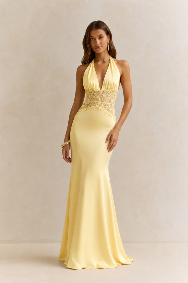 Halter Neck Lace Trimmed Maxi Dress