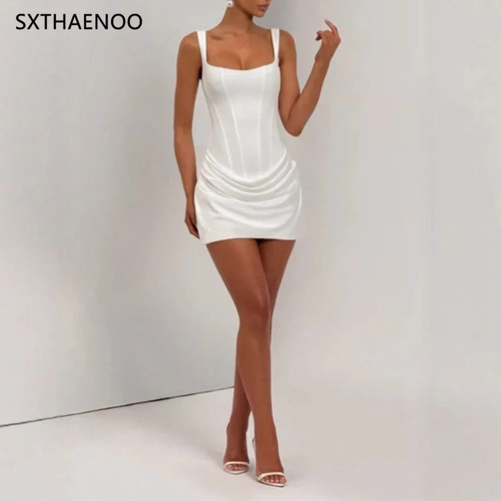 SXTHAENOO Sexy backless Slip Folds Dress Women Elegant Birthday Party Dresses Woman Bodycon Evening Short Dresses Vestidos
