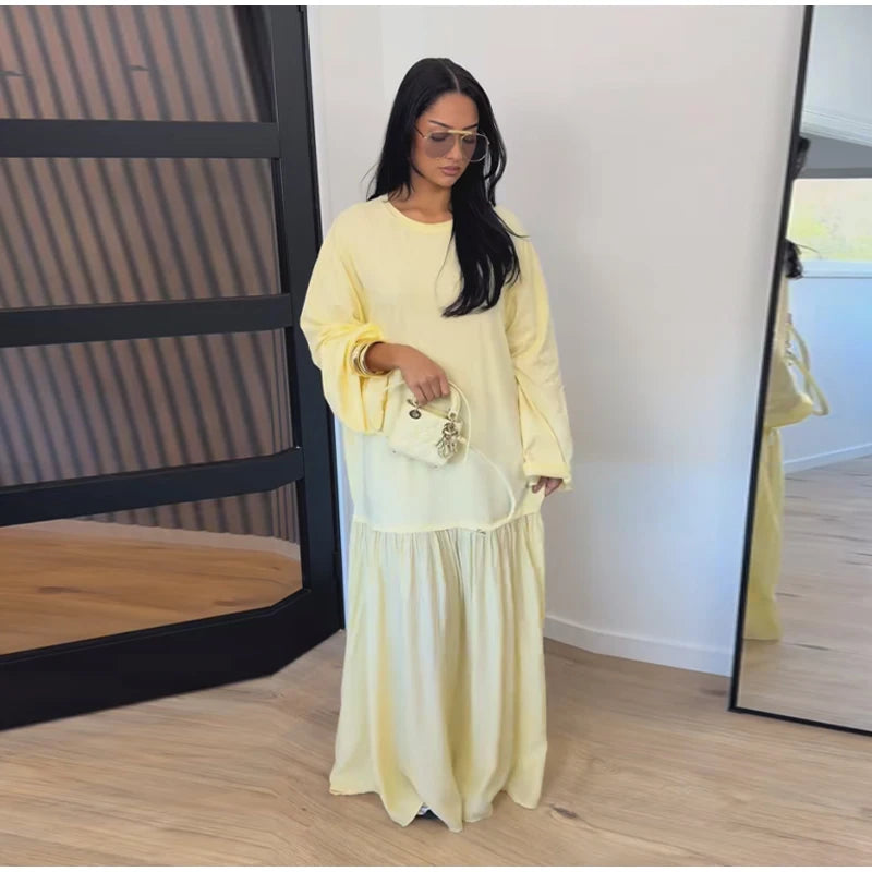 Oversized Flare-Sleeve Maxi Dress Crew-Neck Tiered Loose-Fit Spring Casual Long Dresses Flowy 2026 Summer All-match Solid Outfit