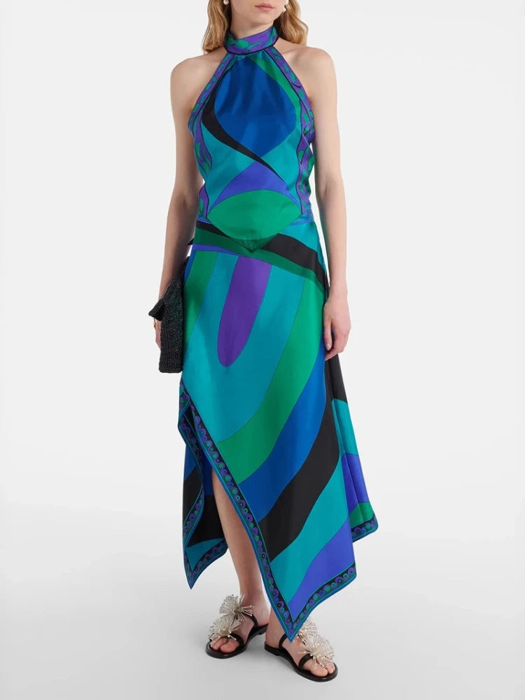 Summer Fashion New Women's Elegant Satin Skirt Two Piece Set Printed Hanging Neck Top Irregular Half Body Skirt Two Piece Set