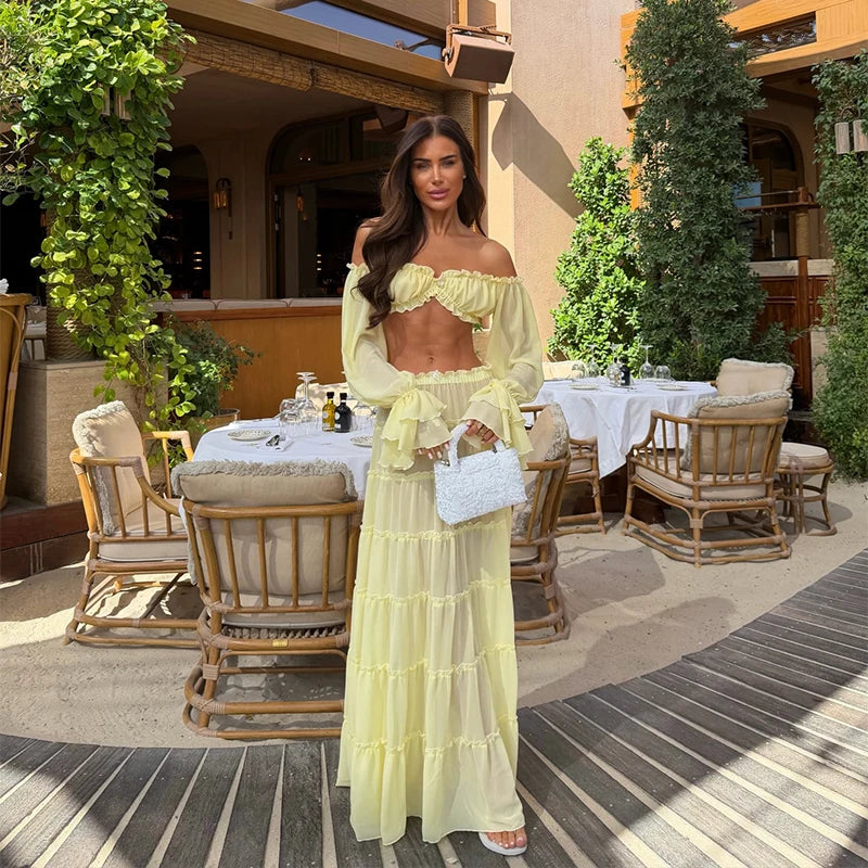 Women Fashion Yellow Off Shoulder Ruffled Two Piece Set Long Sleeve Crop Top Tiered Maxi Skirt Summer Beach Vacation Dress 2026