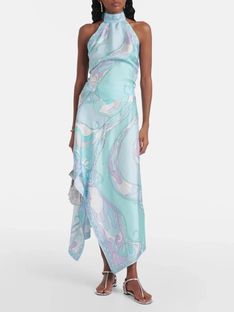 Summer Fashion New Women's Elegant Satin Skirt Two Piece Set Printed Hanging Neck Top Irregular Half Body Skirt Two Piece Set