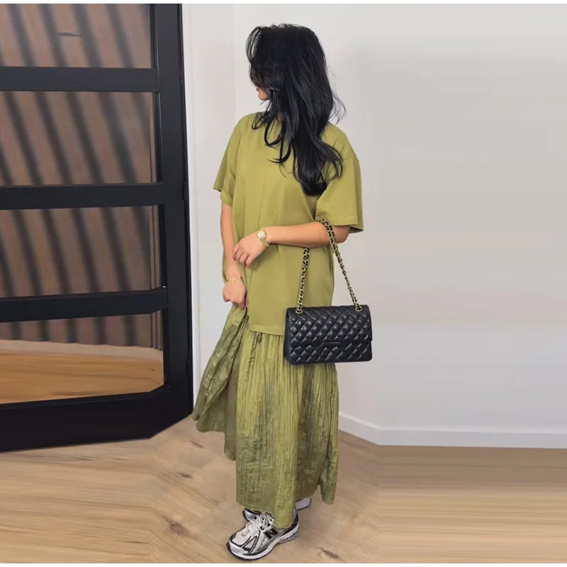 Oversized Flare-Sleeve Maxi Dress Crew-Neck Tiered Loose-Fit Spring Casual Long Dresses Flowy 2026 Summer All-match Solid Outfit