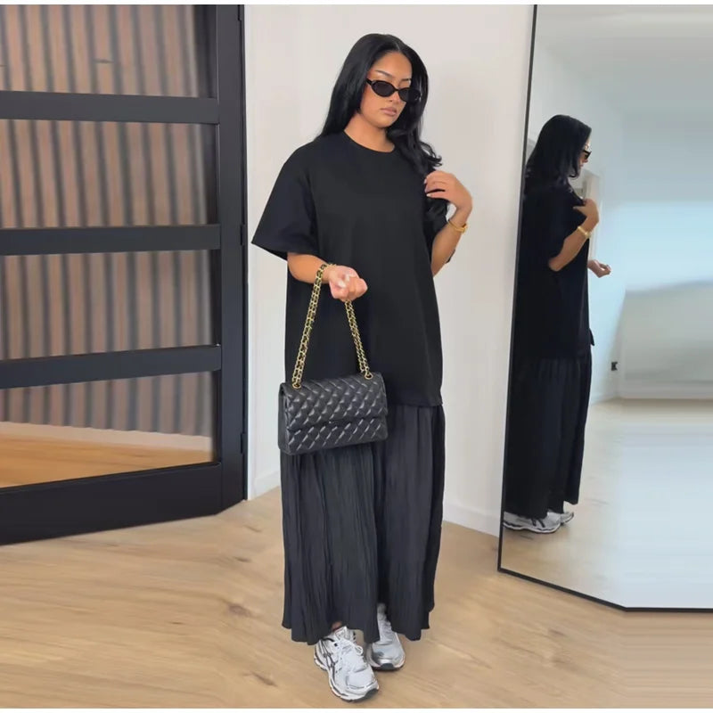 Oversized Flare-Sleeve Maxi Dress Crew-Neck Tiered Loose-Fit Spring Casual Long Dresses Flowy 2026 Summer All-match Solid Outfit