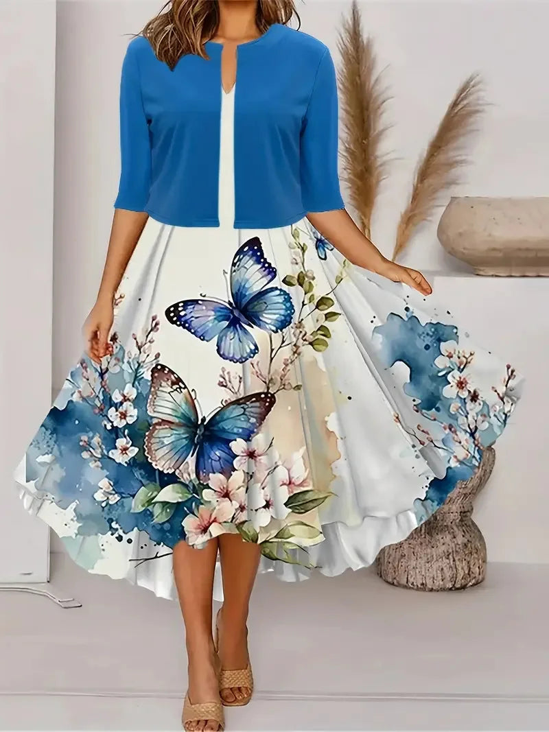 2024 Europe and the United States autumn new women's long dress two-piece set of floral print round neck dress coat women
