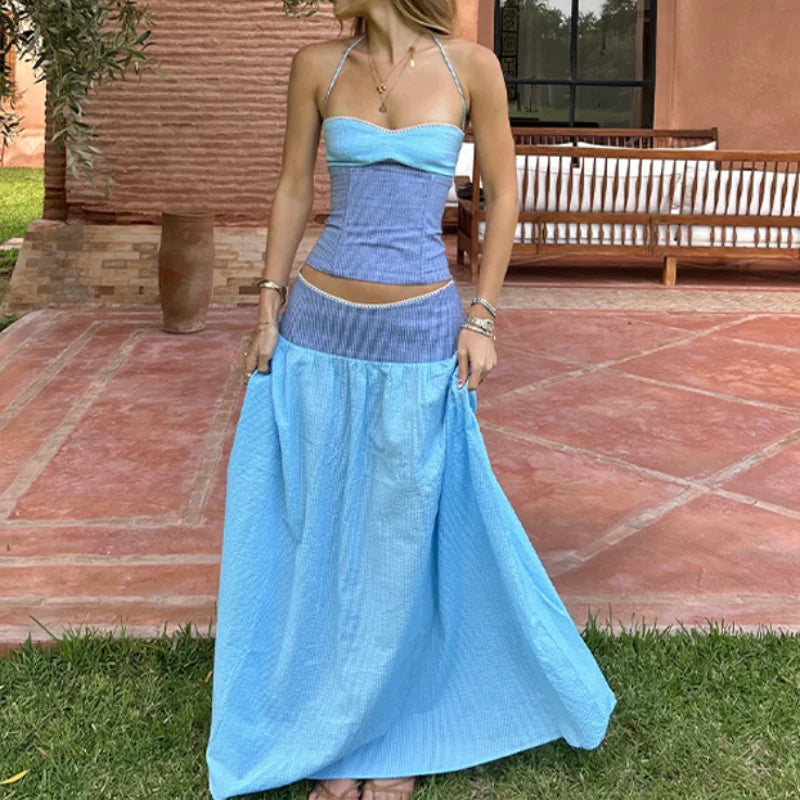 Fashion Women's Hanging Neck Top Skirt Set Slim Sleeveless Backless Bandage Tops A-line Long Skirts 2026 Summer Lady Beach Suits