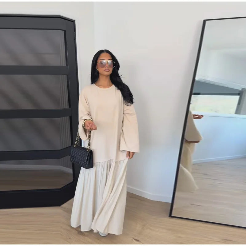 Oversized Flare-Sleeve Maxi Dress Crew-Neck Tiered Loose-Fit Spring Casual Long Dresses Flowy 2026 Summer All-match Solid Outfit