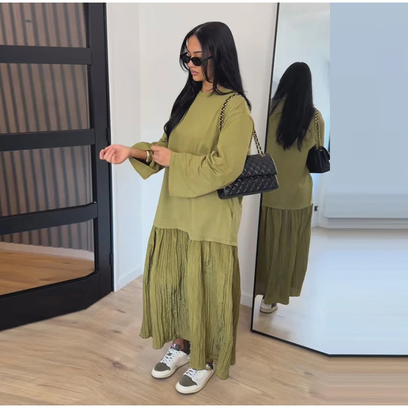 Oversized Flare-Sleeve Maxi Dress Crew-Neck Tiered Loose-Fit Spring Casual Long Dresses Flowy 2026 Summer All-match Solid Outfit